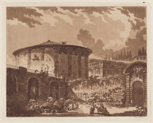 View in the Garden of a Roman Villa, with the Temple of Hercules Victor and the Temple of Portunus by Hubert Robert, print, 1766