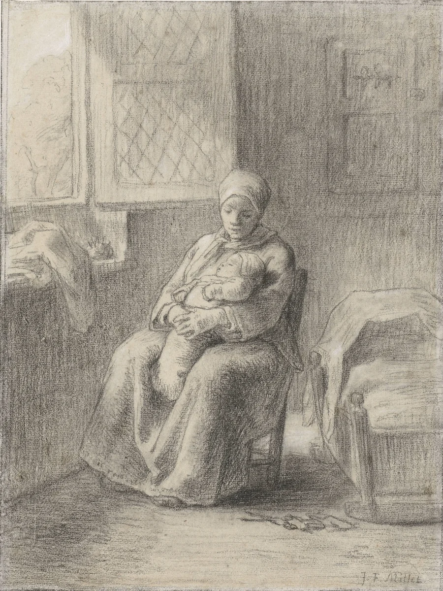 Zittende vrouw met baby bij een open raam by Jean-François Millet, drawing, 1824-1875