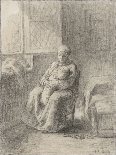Zittende vrouw met baby bij een open raam by Jean-François Millet, drawing, 1824-1875