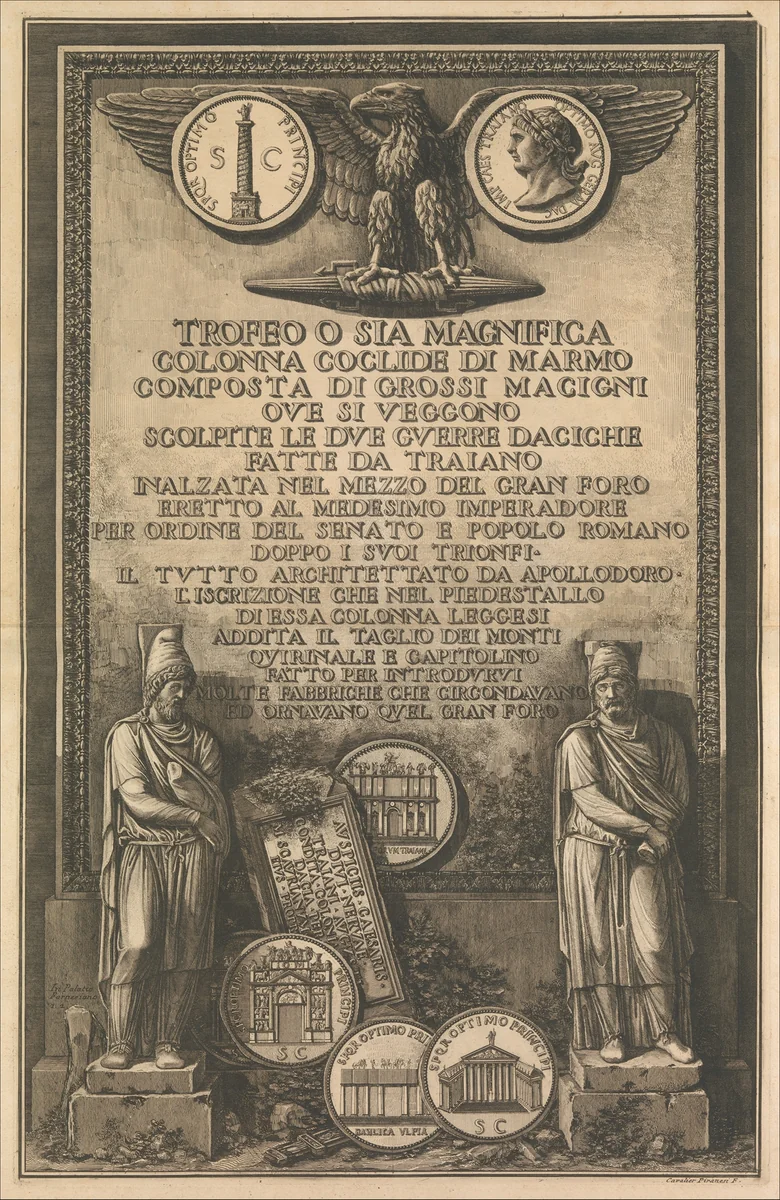 Title page, from "Trofeo o sia Magnifica Colonna Coclide..." (The Trophy or Magnificent Spiral Column) by Giovanni Battista Piranesi, print, 1774-1779