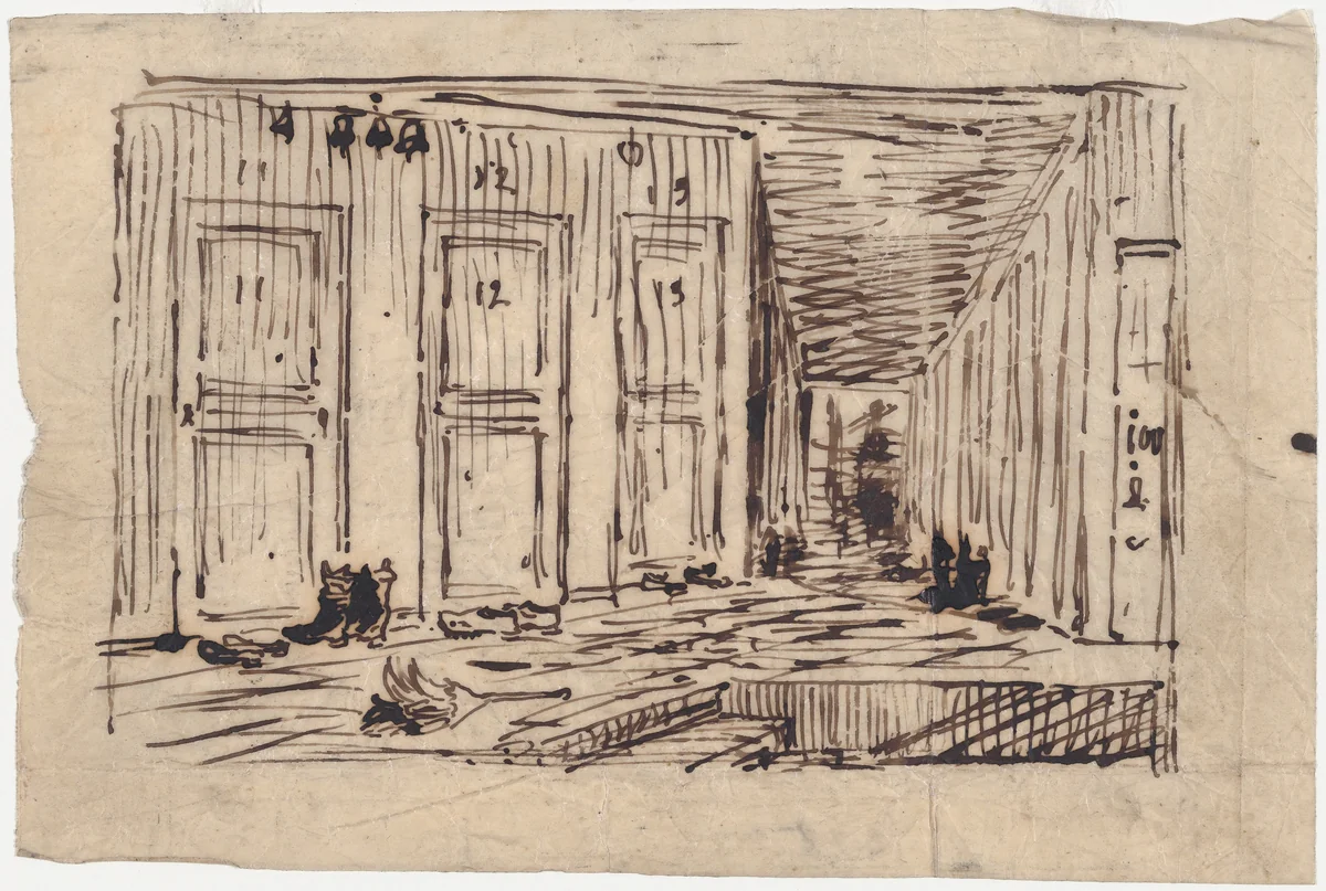 Interior of an Inn or The Corridor of an Inn by Charles-François Daubigny, drawing, 1862