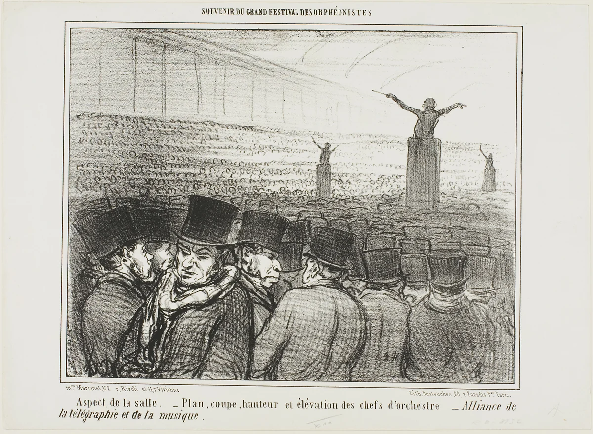 View of the grand hall. Map, height and view from front of the conductor. Grand alliance between telegraph and music, plate 1 from Souvenir Du Grand Festival Des Orphéonistes by Honoré-Victorin Daumier, print, 1859