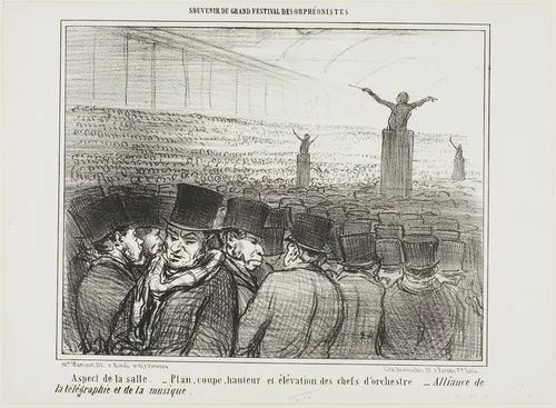 View of the grand hall. Map, height and view from front of the conductor. Grand alliance between telegraph and music, plate 1 from Souvenir Du Grand Festival Des Orphéonistes by Honoré-Victorin Daumier, print, 1859