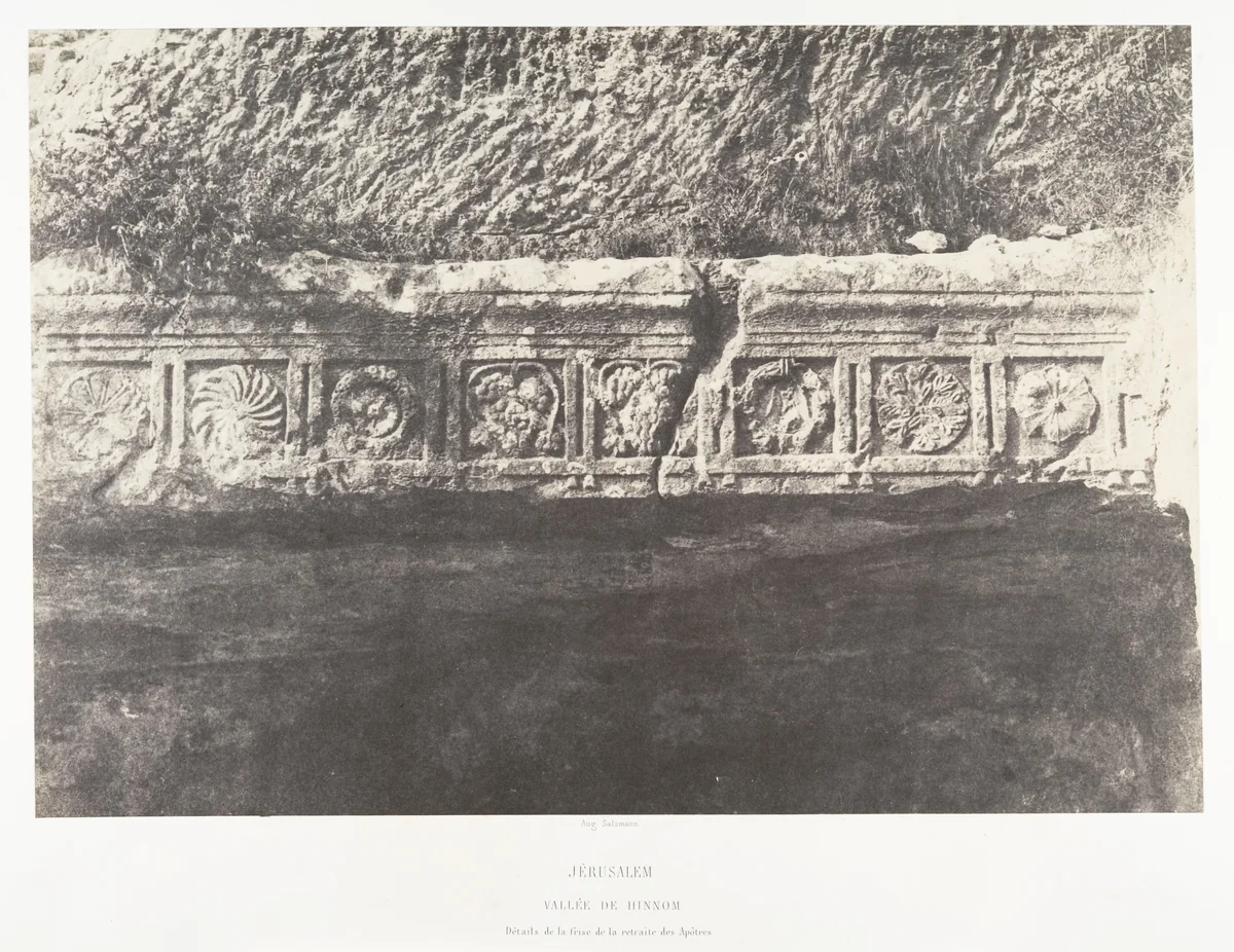 Jérusalem, Vallée de Hinnom, Détails de la frise de la retraite des Apôtres by Auguste Salzmann, photograph, 1854-1859