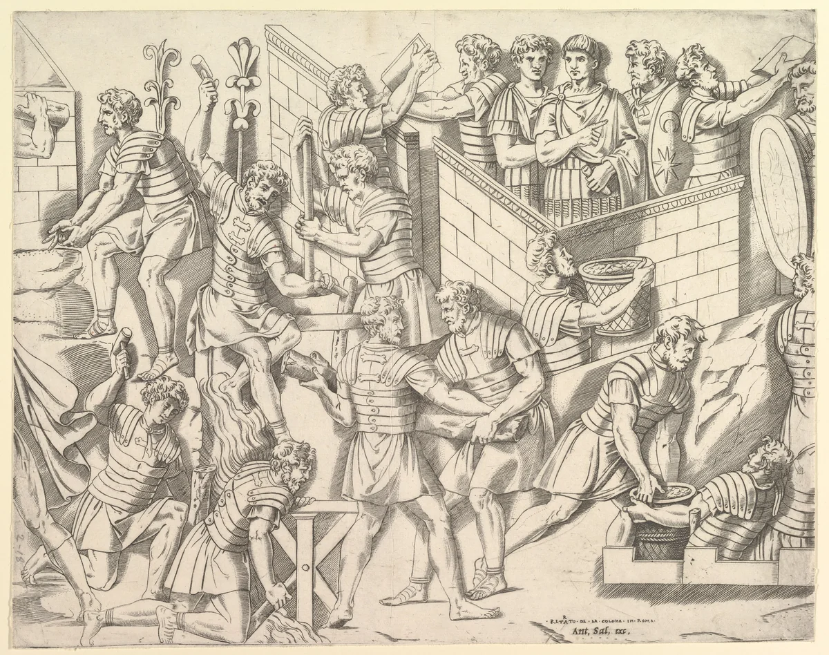 Roman Soldiers Fortifying their Camp, from Trajan's Column, from "Speculum Romanae Magnificentiae" by Marco Dente, print, 1515-1527