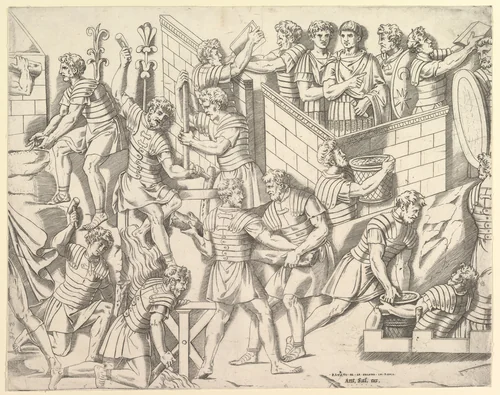 Roman Soldiers Fortifying their Camp, from Trajan's Column, from "Speculum Romanae Magnificentiae" by Marco Dente, print, 1515-1527