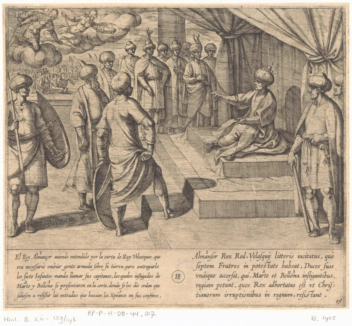 Almanzor beveelt zijn troepen de christenen tegen te houden wanneer deze zijn gebied binnen komen by Antonio Tempesta, print, 1612