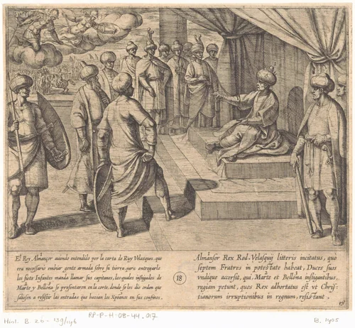 Almanzor beveelt zijn troepen de christenen tegen te houden wanneer deze zijn gebied binnen komen by Antonio Tempesta, print, 1612