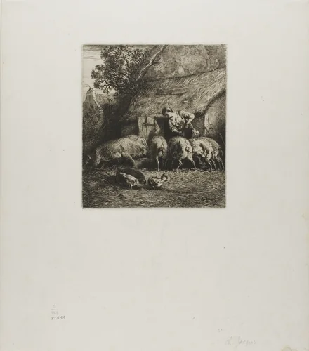 Woman Feeding Six Pigs by Charles-Émile Jacque, print, 1850