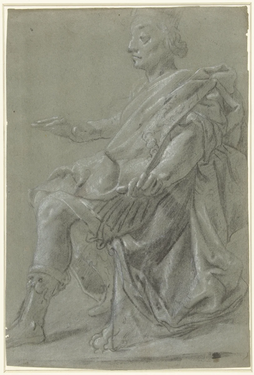 Zittende vorst met uitgestrekte armen by anonymous, drawing, 1610-1630