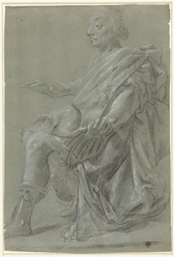 Zittende vorst met uitgestrekte armen by anonymous, drawing, 1610-1630