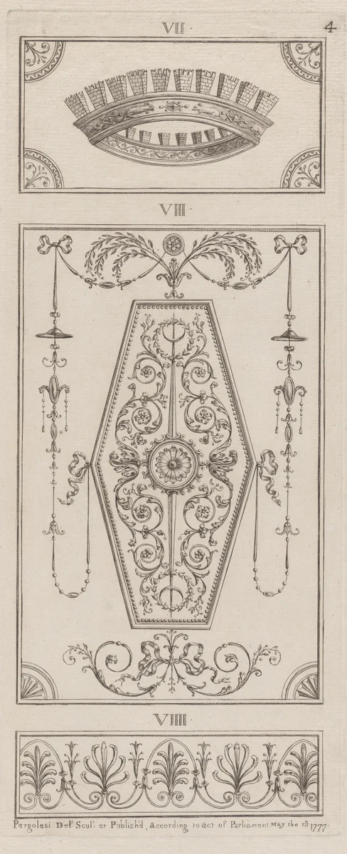 Panels of Ornament, nos. VII–VIIII, plate 4 from "Designs for Various Ornaments" by Michelangelo Pergolesi, print, 1777