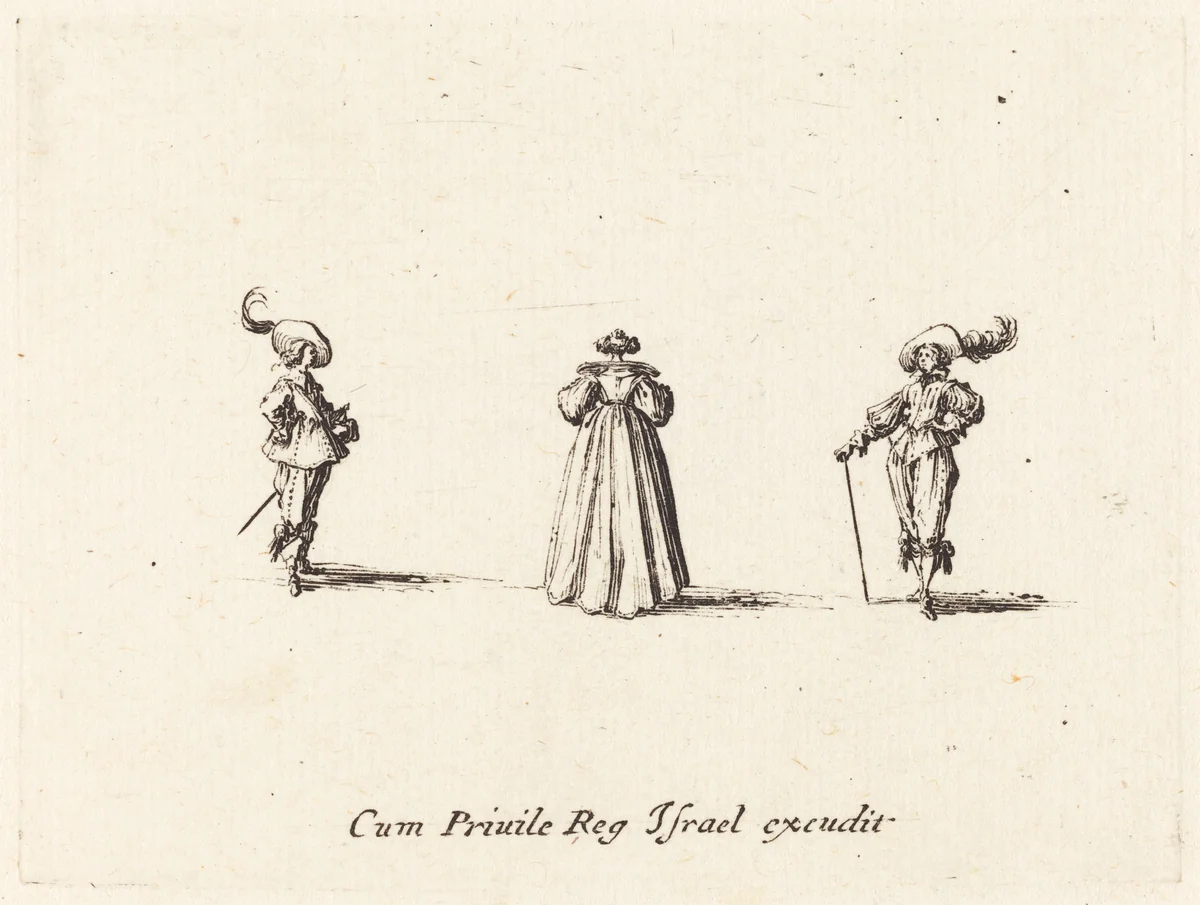 Lady Seen from Behind, and Two Gentlemen by Jacques Callot, print, 1628-1638
