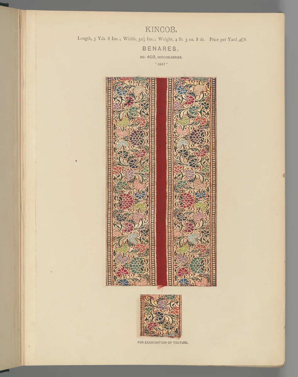 Collection of specimens and illustrations of the textile manufactures of India. Second series : Kincobs, Nos. 401 to 458 by John Forbes Watson, artwork, 1873-1880