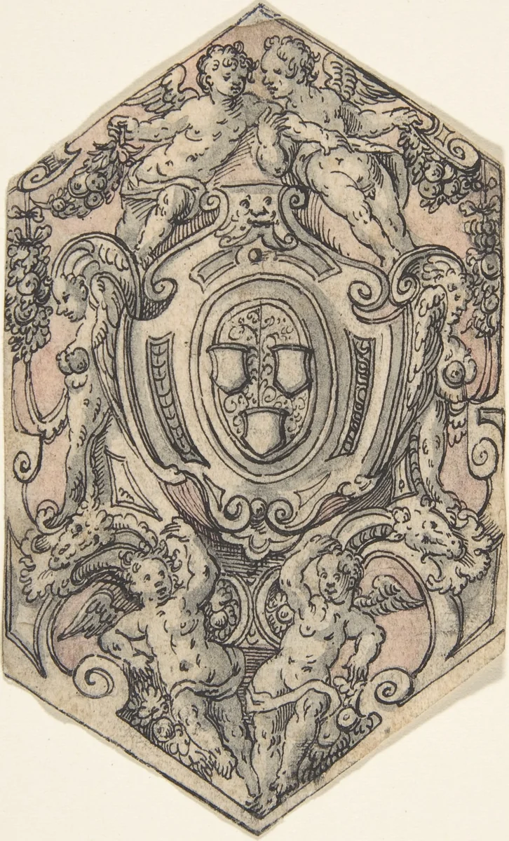 Design for a Coat of Arms with Putti holding Garlands by Tobias Stimmer, drawing, 1550-1584
