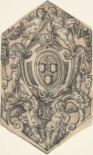 Design for a Coat of Arms with Putti holding Garlands by Tobias Stimmer, drawing, 1550-1584