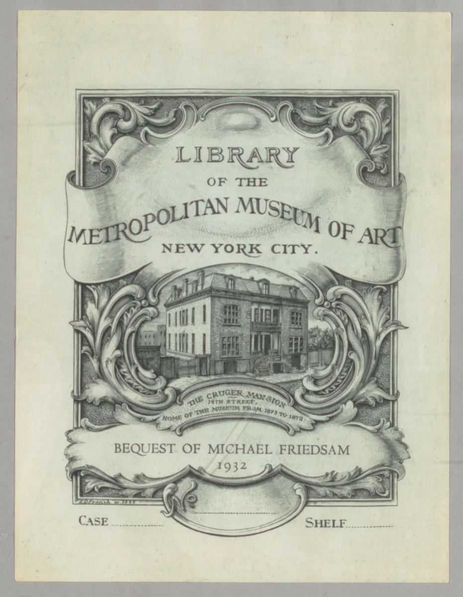 Library of the Metropolitan Museum of Art bookplate by Edwin Davis French, artwork, 1895