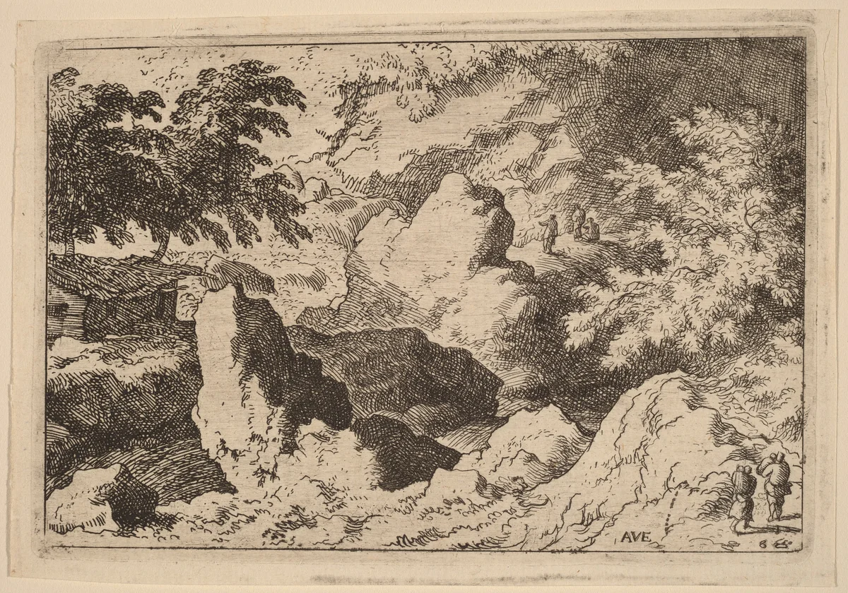Three Men on a Rock by Allart van Everdingen, print, 1645-1656