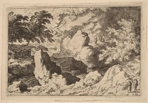 Three Men on a Rock by Allart van Everdingen, print, 1645-1656