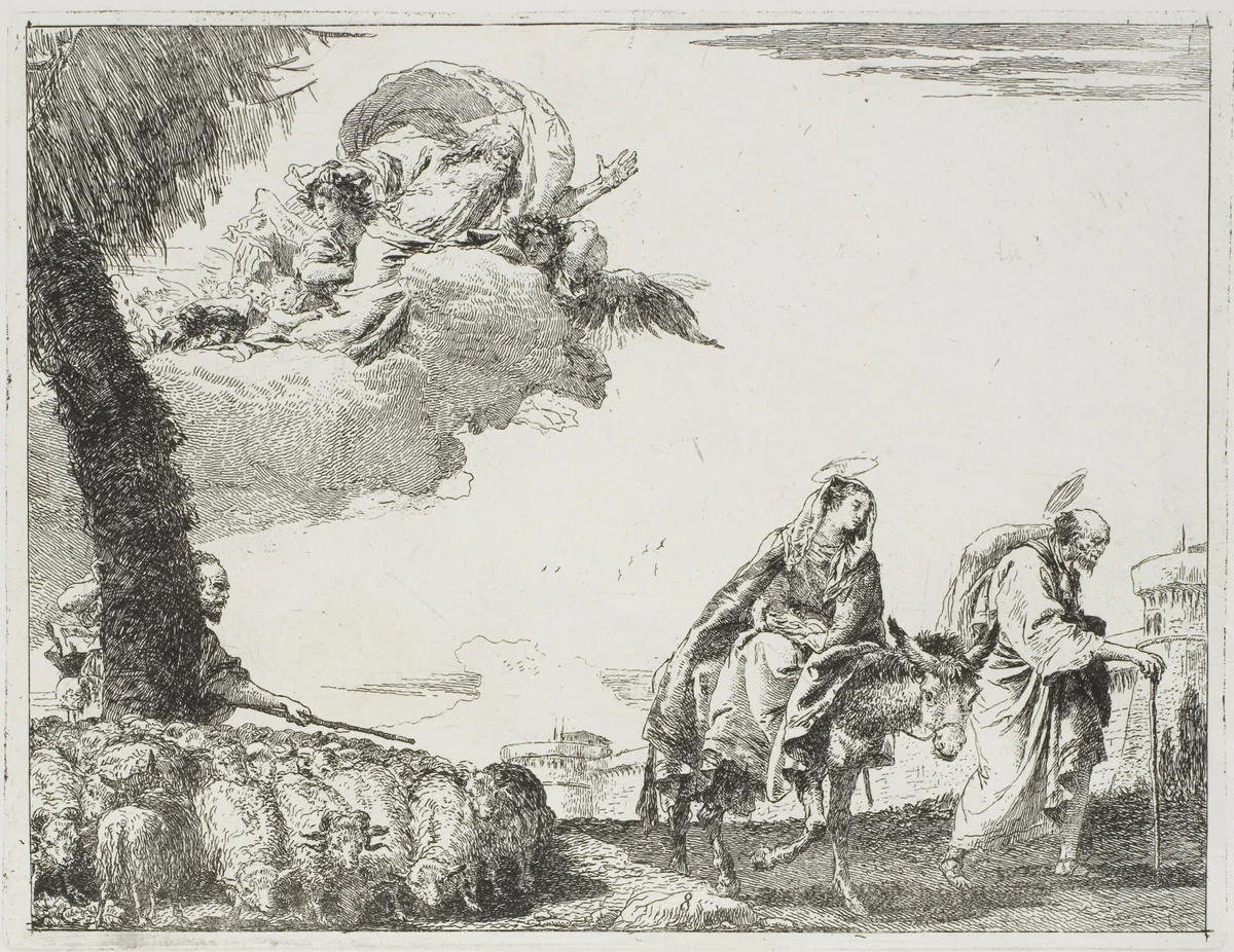 The Holy Family Walking Along a City Wall. On the left, a Shepherd with his Flock and God the Father, plate eight from The Flight into Egypt by Giovanni Domenico Tiepolo, print, 1753