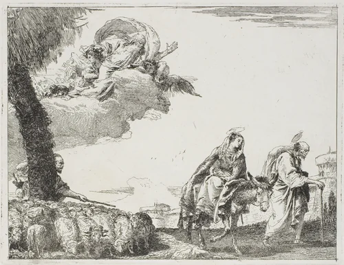 The Holy Family Walking Along a City Wall. On the left, a Shepherd with his Flock and God the Father, plate eight from The Flight into Egypt by Giovanni Domenico Tiepolo, print, 1753