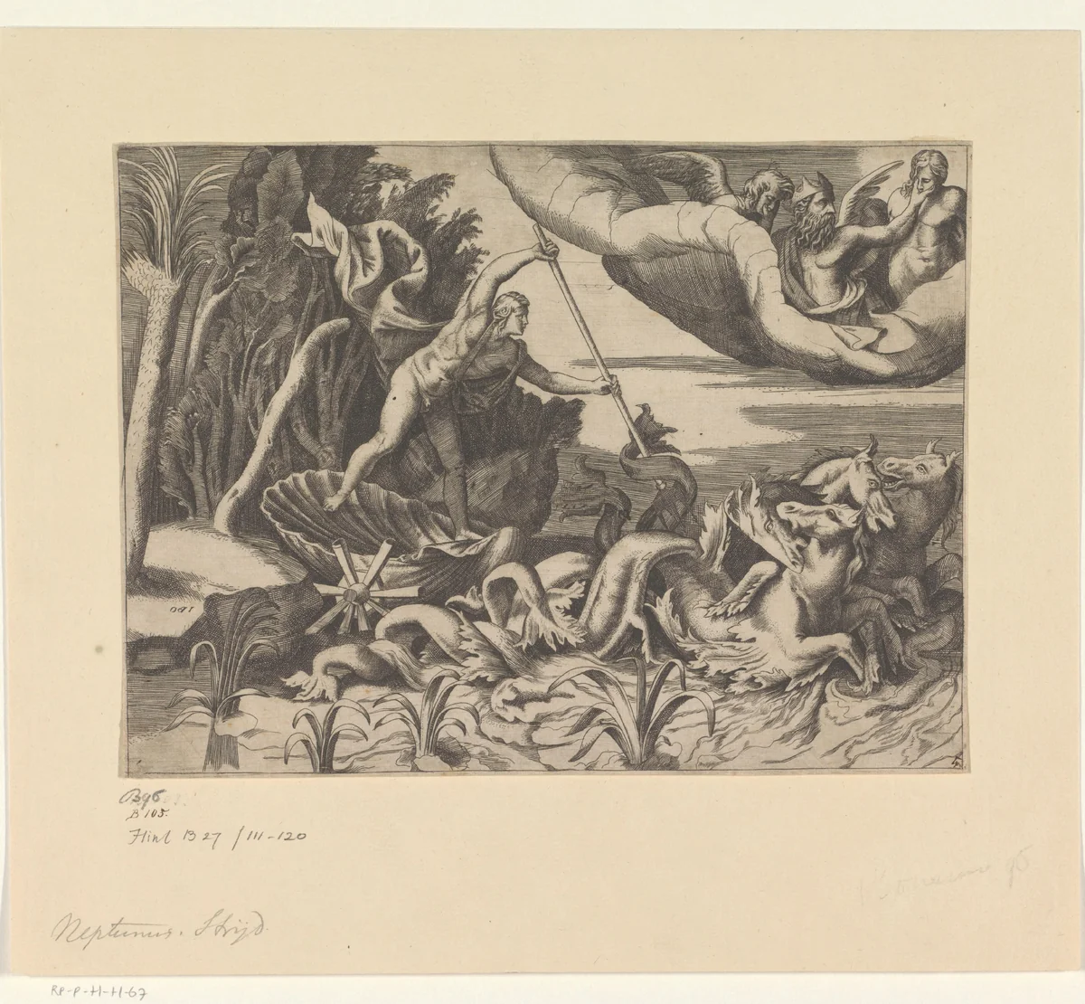 Neptunus in zijn strijdwagen by Unknown, print, 1501-1580