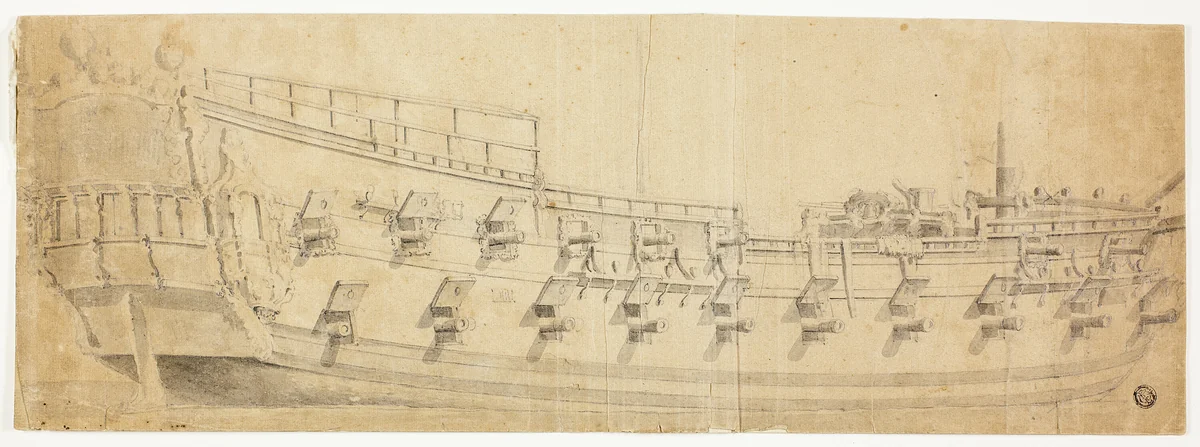 Armed Galleon Seen from Starboard Quarter by Willem van de Velde II, drawing, 1631-1707