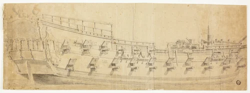 Armed Galleon Seen from Starboard Quarter by Willem van de Velde II, drawing, 1631-1707