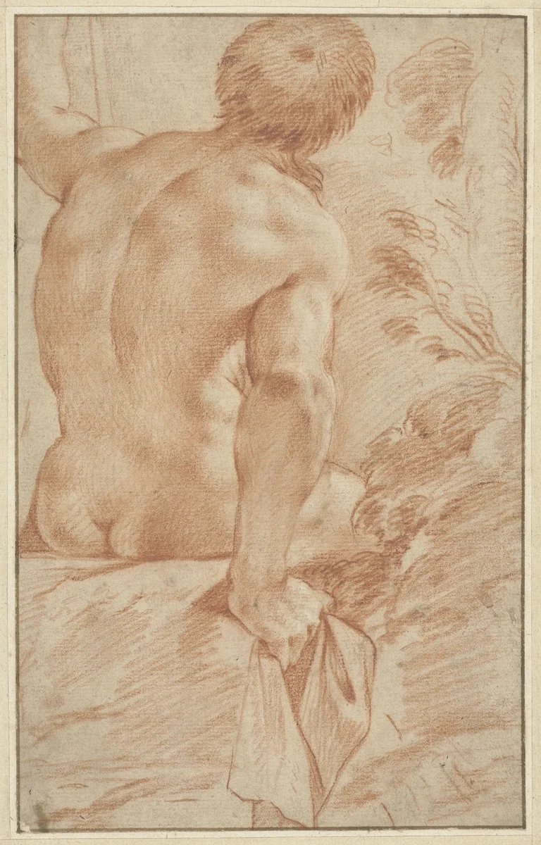 Naaktstudie van een zittende man, op de rug gezien by Unknown, drawing, 1570-1609