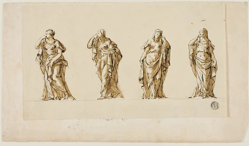 Design for a Funerary Monument: Four Draped Mourning Female Figures by John Michael Rysbrack, drawing, 1713-1770