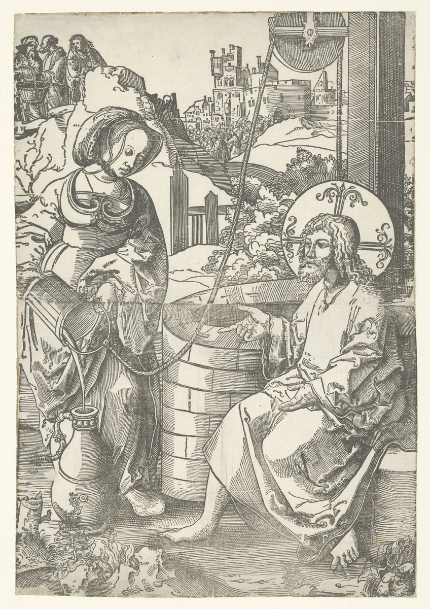 Christus en de Samaritaanse vrouw by Lucas van Leyden, print, 1520