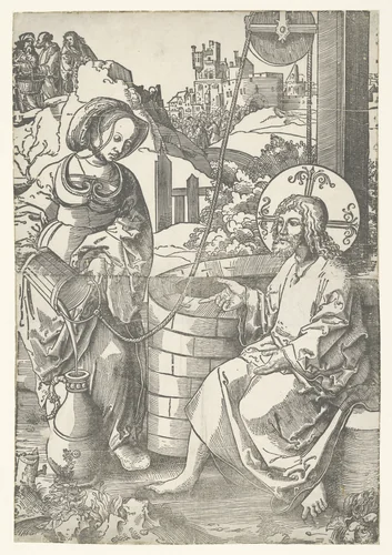 Christus en de Samaritaanse vrouw by Lucas van Leyden, print, 1520