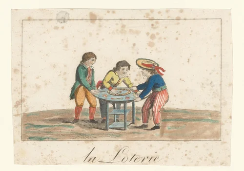 Kinderen spelen een loterijspel by anonymous, print, 1800-1899