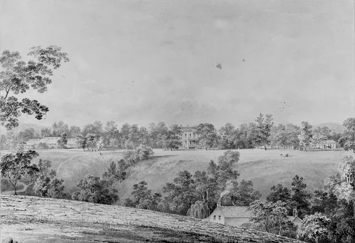 View of David Hosack Estate, Hyde Park, New York, from the East (from Hosack Album) by Thomas Kelah Wharton, artwork, 1829-1832