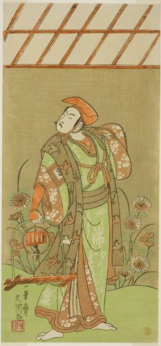 The Actor Ichikawa Komazo II as Soga no Juro Sukenari Disguised as a Fox Trapper in the Play Kagami-ga-ike Omokage Soga, Performed at the Nakamura Theater in the First Month, 1770 by Ippitsusai Buncho, print, 1765-1775