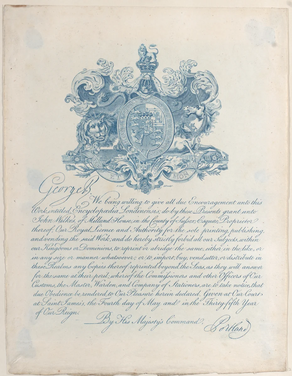 Royal License and Copyright for Encyclopaedia Londinesis by anonymous, print, 1800-1900
