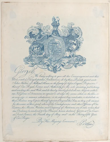Royal License and Copyright for Encyclopaedia Londinesis by anonymous, print, 1800-1900