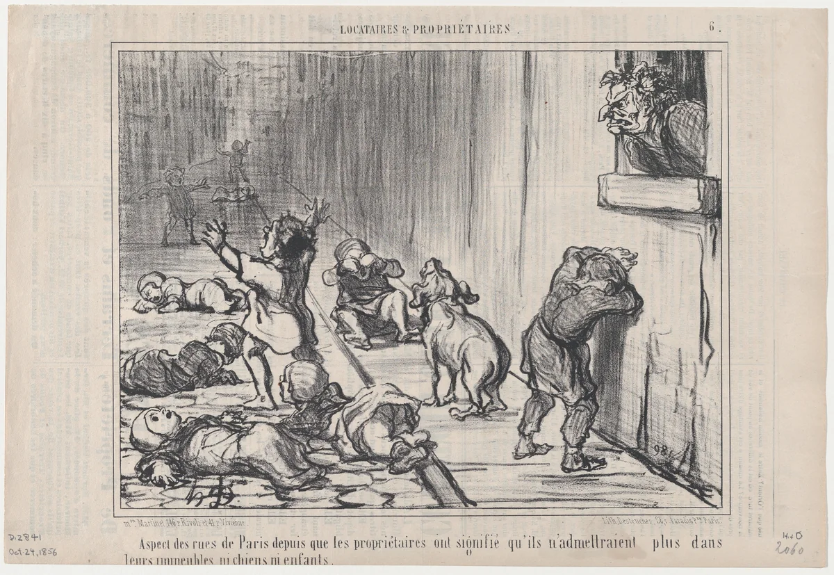 Aspect des rues de Paris depuis..., from Locataires et Propiétaires, published in Le Charivari, October 24, 1856 by Honoré Daumier, print, 1856