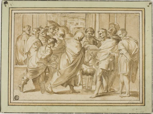 Scene from Roman History, with Draped Figure Presenting Book to Ruler by Eustache Le Sueur, painting, 1600-1699