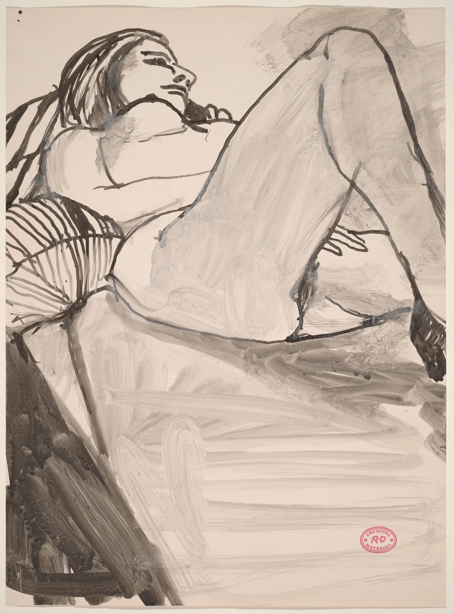 Untitled [female nude reclining on striped pillows] by Richard Diebenkorn, drawing, 1955-1967