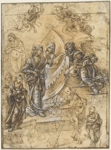 Studieblad met Madonna, heiligen, engelen en figuren uit de Aanbidding der herders by Unknown, drawing, 1490-1520