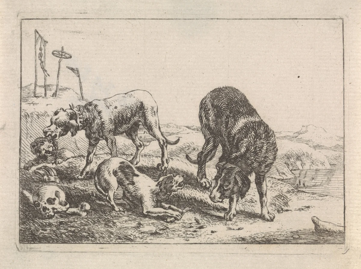 Honden bij knoken by Theodorus van Kessel, print, 1654