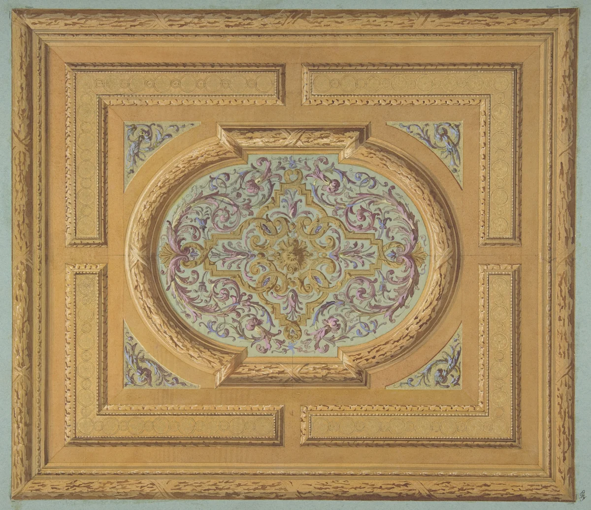 Design for a ceiling decorated with bands of oak leaves and a central panel of scrolls and rinceaux by Jules-Edmond-Charles Lachaise, drawing, 1830-1897
