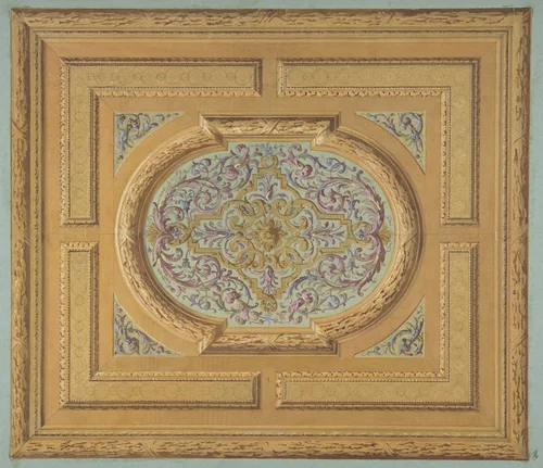 Design for a ceiling decorated with bands of oak leaves and a central panel of scrolls and rinceaux by Jules-Edmond-Charles Lachaise, drawing, 1830-1897