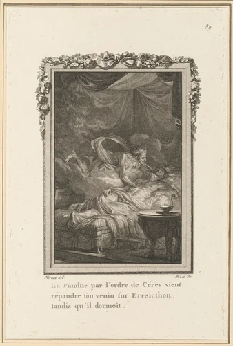 La Famine par l'ordre de Cérès vient répandre son venin sur Eresicthon, tandis qu'il dormoit by Louis Binet; Jean-Michel Moreau the Younger, print, 1767-1771