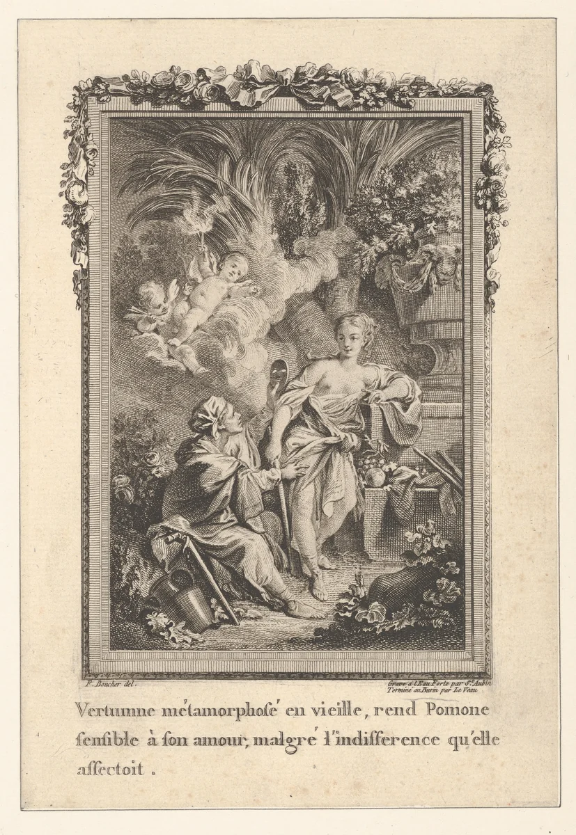 Vertumnus Transforms Himself into an Old Woman and Attempts to Woo Pomona, from Les Métamorphoses d'Ovide en Latin et en François de la traduction de M. l'Abbé Banier de l'Académie Royale des Inscriptions et Belles-Lettres. Avec des explications historiques. A Paris Chez Despilly rue saint Jacques à la croix d'or. MDCCLXVII. Avec Approbation et Privilège du Roi by Jean Jacques Leveau, print, 1760-1770