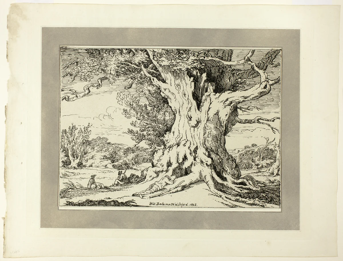 Resting, Men and Dogs Under a Big Tree, from the first issue of Specimens of Polyautography by William Delamotte, print, 1803