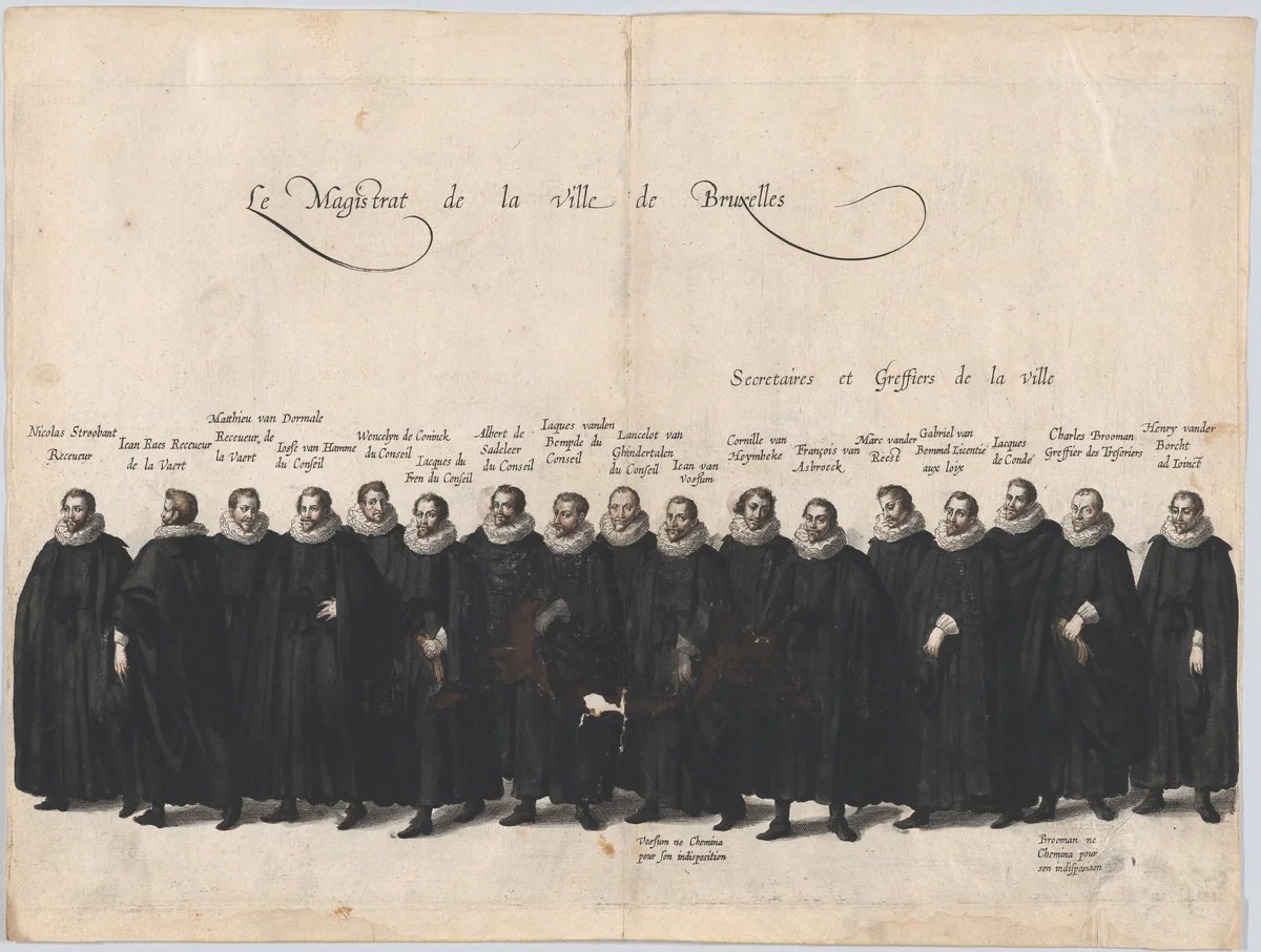 Plate 64: The magistrates of the city of Brussels marching in the funeral procession of Archduke Albert of Austria; from 'Pompa Funebris ... Alberti Pii' by Cornelis Galle, print, 1623