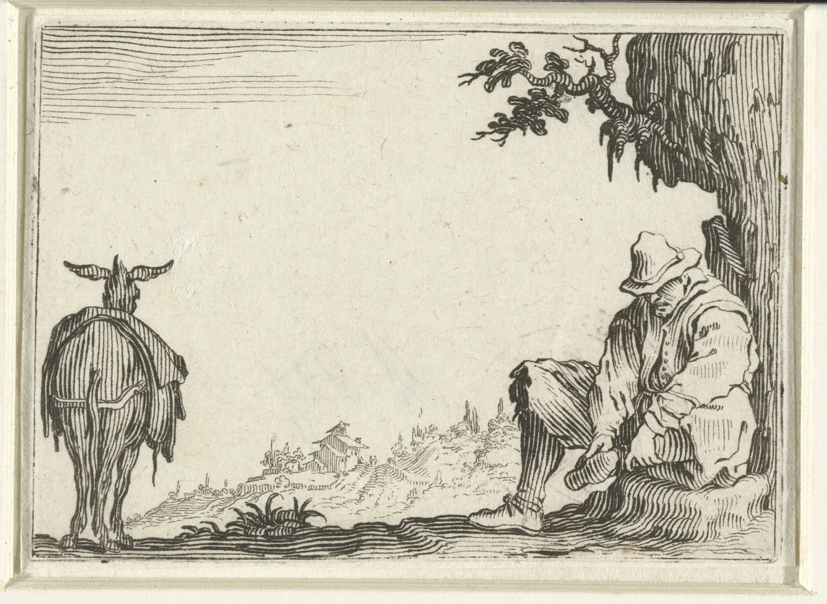 Zittende man met ezel by Jacques Callot, print, 1621