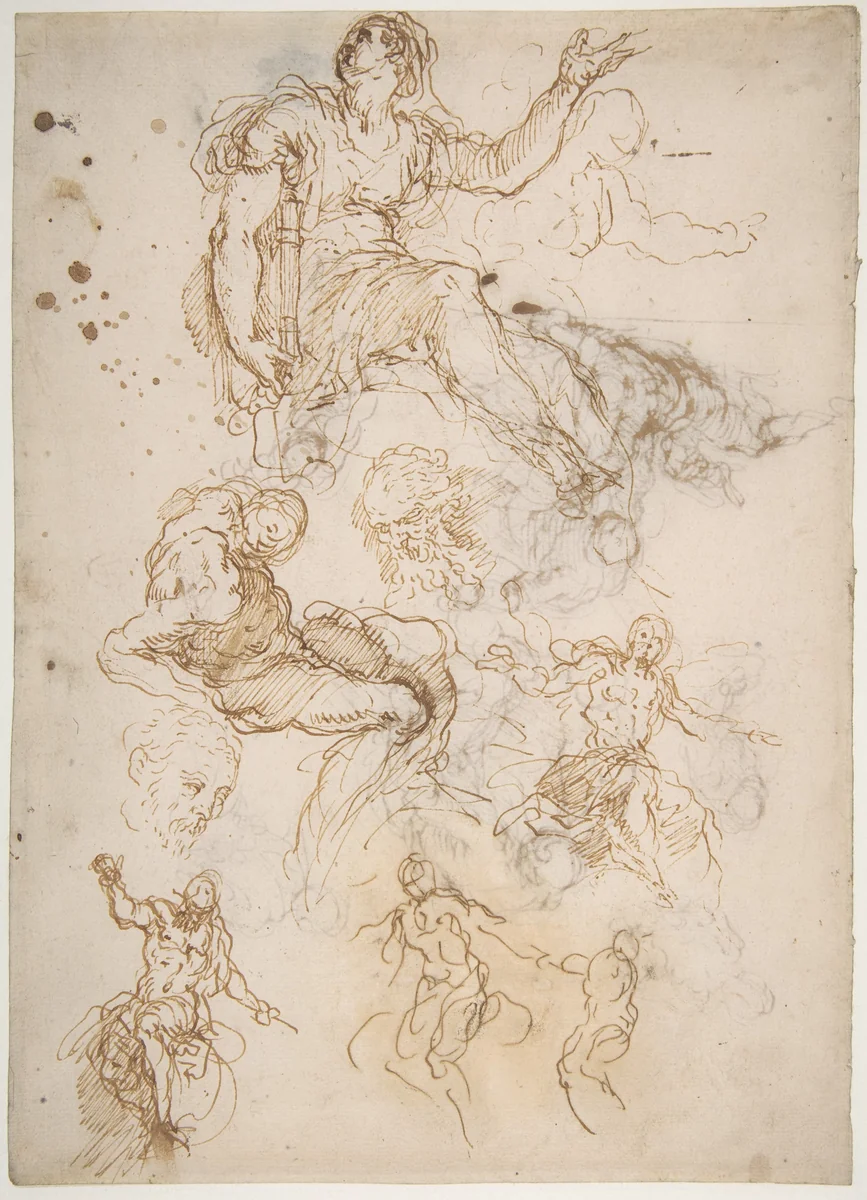Figure Studies: Seated Female Holding a Book, Two Heads of Bearded Men, Seated Male Nude, and Four Sketches for Christ Judging (recto); Studies for Cain Slaying Abel (verso) by Jacopo Palma, drawing, 1548-1628
